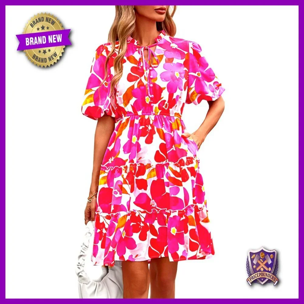 Summer Floral V-Neck Short Sleeve Tiered Ruffle Boho Swing Mini Dress